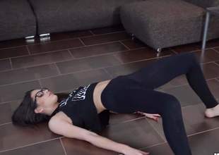 Versatile bespectacled brunette Carolina Abril in tight fit black leggings does yoga exercises on the floor before of extravagant dude and then sucks his tavern outlander your cusp