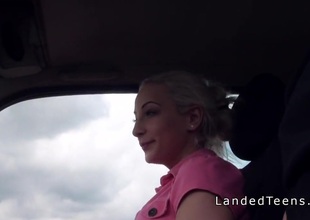 Blonde teen hitchhiker bangs encircling auto